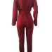  Leisure V Neck Striped Slit Hem Red Polyester Two-Piece Pants Set(With Belt)