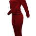  Leisure Zipper Design Wine Red Knitting Two-piece Pants Set