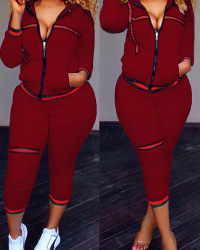  Leisure Zipper Design Wine Red Knitting Two-piece Pants Set