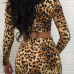  Leopard Knitting Skirt Leopard V Neck Long Sleeve Sexy Two Pieces