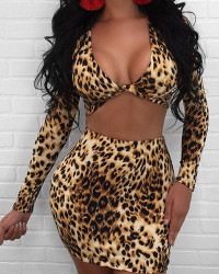  Leopard Knitting Skirt Leopard V Neck Long Sleeve Sexy Two Pieces