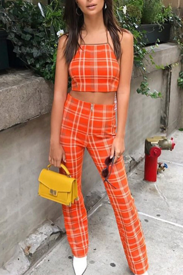  Orange-red Polyester Pants Plaid U neck Sleeveless Fashion Two Pieces