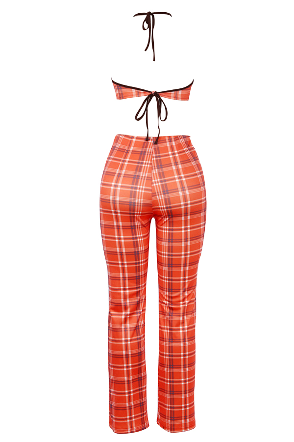  Orange-red Polyester Pants Plaid U neck Sleeveless Fashion Two Pieces