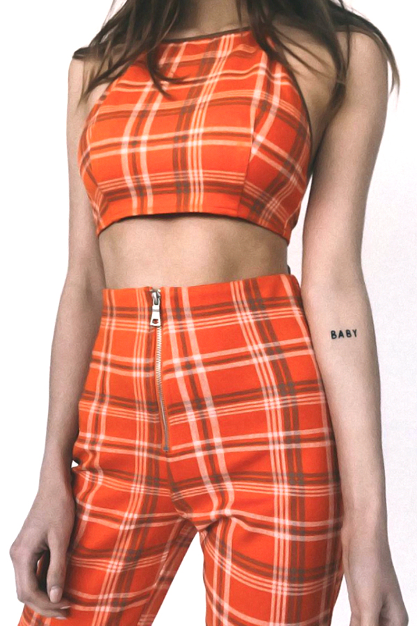  Orange-red Polyester Pants Plaid U neck Sleeveless Fashion Two Pieces