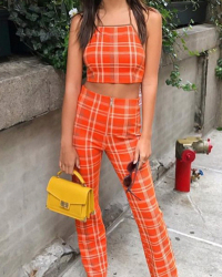  Orange-red Polyester Pants Plaid U neck Sleeveless Fashion Two Pieces