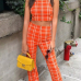  Orange-red Polyester Pants Plaid U neck Sleeveless Fashion Two Pieces