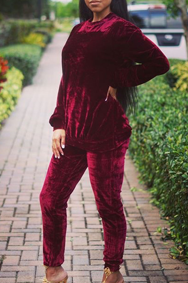  Red Velvet Pants Plain O neck Long Sleeve Casual Two Pieces