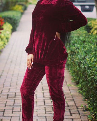  Red Velvet Pants Plain O neck Long Sleeve Casual Two Pieces