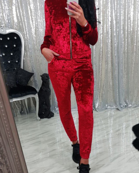  Red Velvet Pants Plain Turndown Collar Long Sleeve Casual Two Pieces