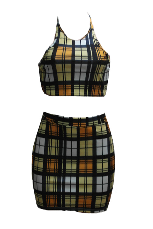  Sexy Backless Plaids Yellow Cotton Two-piece Skirt Set