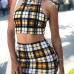  Sexy Backless Plaids Yellow Cotton Two-piece Skirt Set