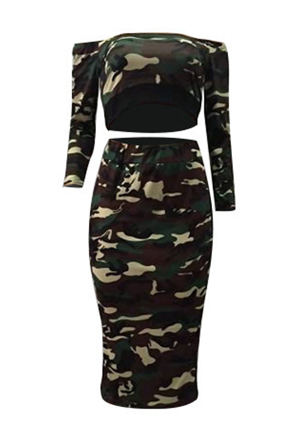  Sexy Bateau Neck Camouflage Printed Army Green Qmilch Two-piece Skirt Set