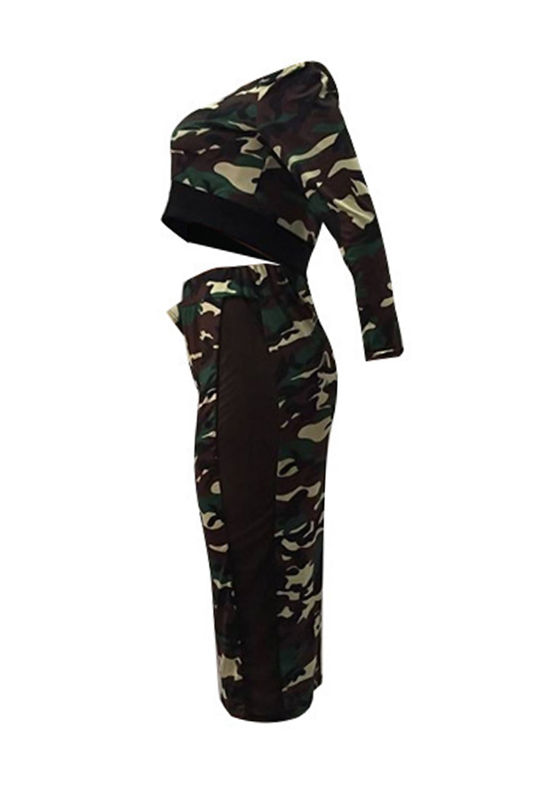  Sexy Bateau Neck Camouflage Printed Army Green Qmilch Two-piece Skirt Set