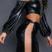  Sexy Bateau Neck Hollow-out Zipper Design Black PU Two-piece Skirt Set