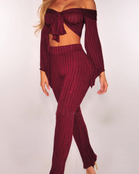  Sexy Bateau Neck Knot Design Wine Red Cotton Two-piece Pants Set