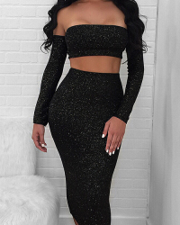  Sexy Bateau Neck Metallic Lace-up Black Polyester Two-piece Skirt Set