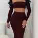  Sexy Bateau Neck Metallic Lace-up Purplish Red Polyester Two-piece Skirt Set