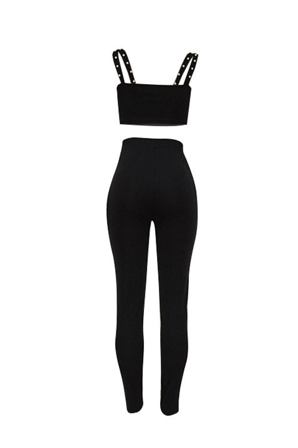  Sexy Bateau Neck Pearl Decoration Black Blending Two-piece Pants Set