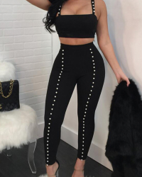  Sexy Bateau Neck Pearl Decoration Black Blending Two-piece Pants Set