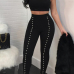  Sexy Bateau Neck Pearl Decoration Black Blending Two-piece Pants Set