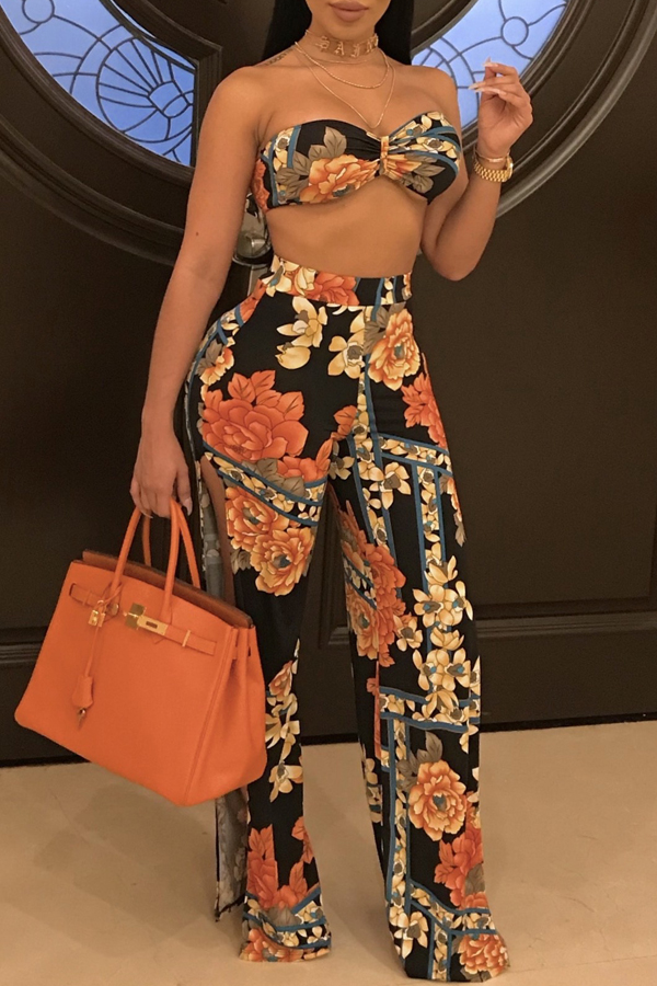  Sexy Bateau Neck Side Slit Printed Blending Three-piece Pants Set