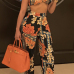  Sexy Bateau Neck Side Slit Printed Blending Three-piece Pants Set