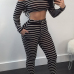  Sexy Bateau Neck Striped Black Cotton Two-piece Pants Set