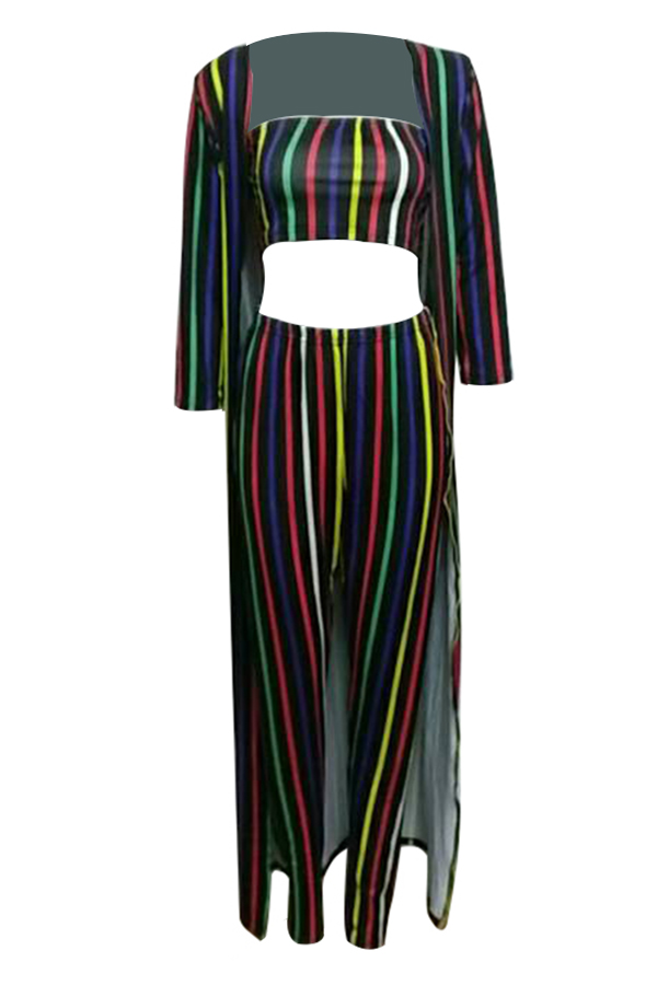  Sexy Bateau Neck Striped Patchwork Multi Qmilch Three-piece Pants Set