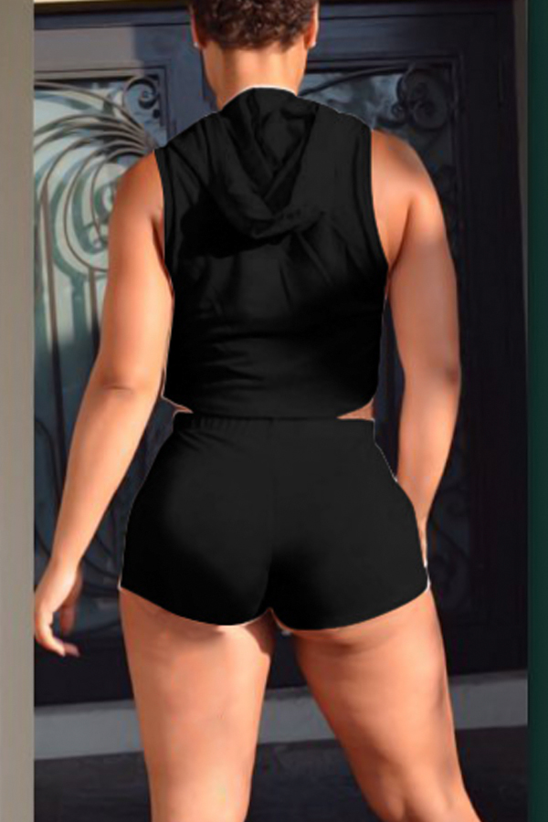  Sexy Broken Holes Black Cotton Two-piece Shorts Set