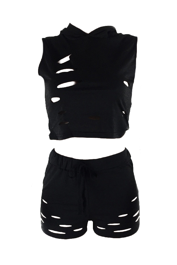  Sexy Broken Holes Black Cotton Two-piece Shorts Set