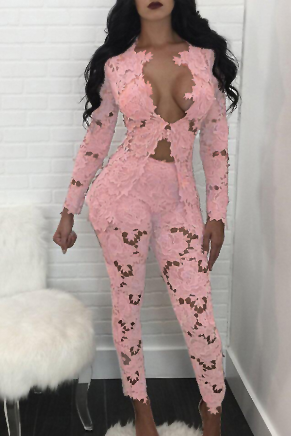  Sexy Deep V Neck Hollow-out Pink Bud SilkTwo-piece Pants Set