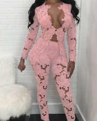  Sexy Deep V Neck Hollow-out Pink Bud SilkTwo-piece Pants Set