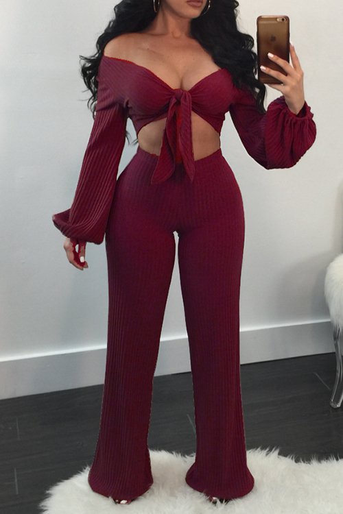  Sexy Dew Shoulder Knot Design Wine Red Cotton Two-Piece Pants Set