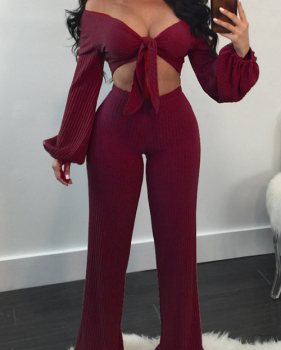  Sexy Dew Shoulder Knot Design Wine Red Cotton Two-Piece Pants Set