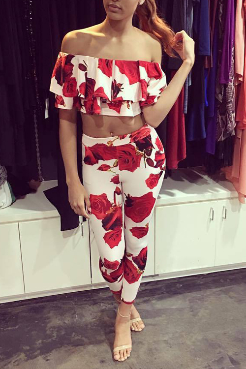  Sexy Dew Shoulder Rose Printed White Milk Fiber Two-piece Pants Set