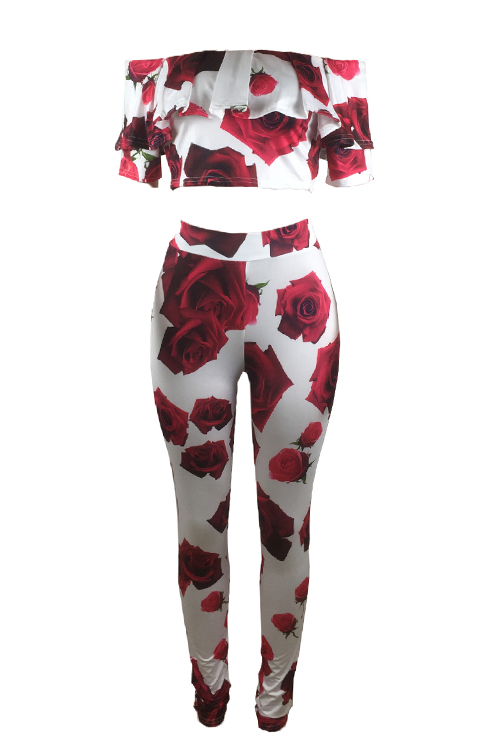  Sexy Dew Shoulder Rose Printed White Milk Fiber Two-piece Pants Set