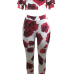  Sexy Dew Shoulder Rose Printed White Milk Fiber Two-piece Pants Set