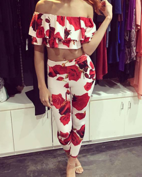  Sexy Dew Shoulder Rose Printed White Milk Fiber Two-piece Pants Set