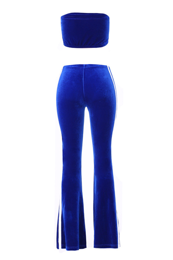  Sexy Dew Shoulder Striped Patchwork Blue Velvet Two-piece Pants Set