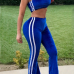  Sexy Dew Shoulder Striped Patchwork Blue Velvet Two-piece Pants Set