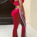  Sexy Dew Shoulder Striped Patchwork Red Velvet Two-piece Pants Set