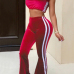  Sexy Dew Shoulder Striped Patchwork Red Velvet Two-piece Pants Set