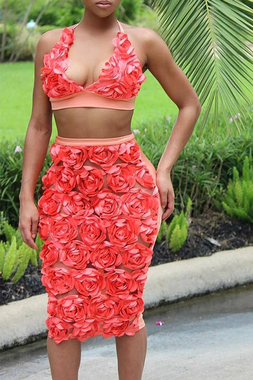  Sexy Halter Neck Rose Decoration Red Bud Silk Two-piece Skirt Set