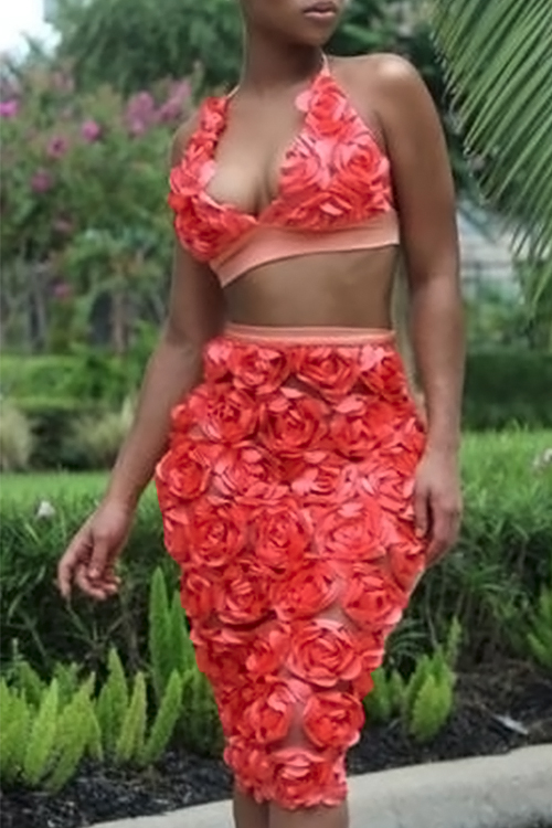  Sexy Halter Neck Rose Decoration Red Bud Silk Two-piece Skirt Set