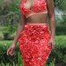  Sexy Halter Neck Rose Decoration Red Bud Silk Two-piece Skirt Set