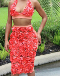  Sexy Halter Neck Rose Decoration Red Bud Silk Two-piece Skirt Set