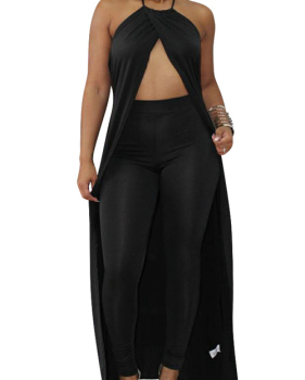  Sexy Hollow-out Black Cotton Two-piece Pants Set