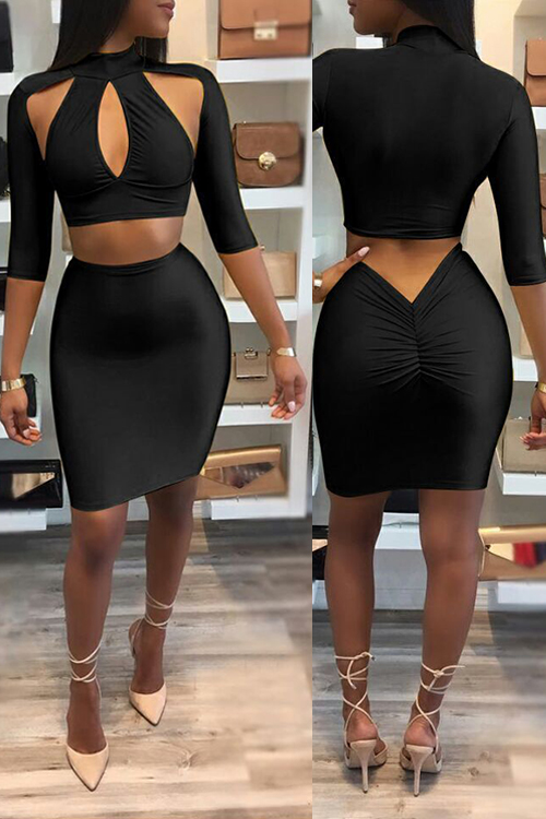  Sexy Hollow-out Black Cotton Two-piece Skirt Set