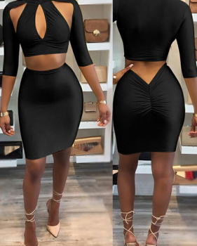  Sexy Hollow-out Black Cotton Two-piece Skirt Set