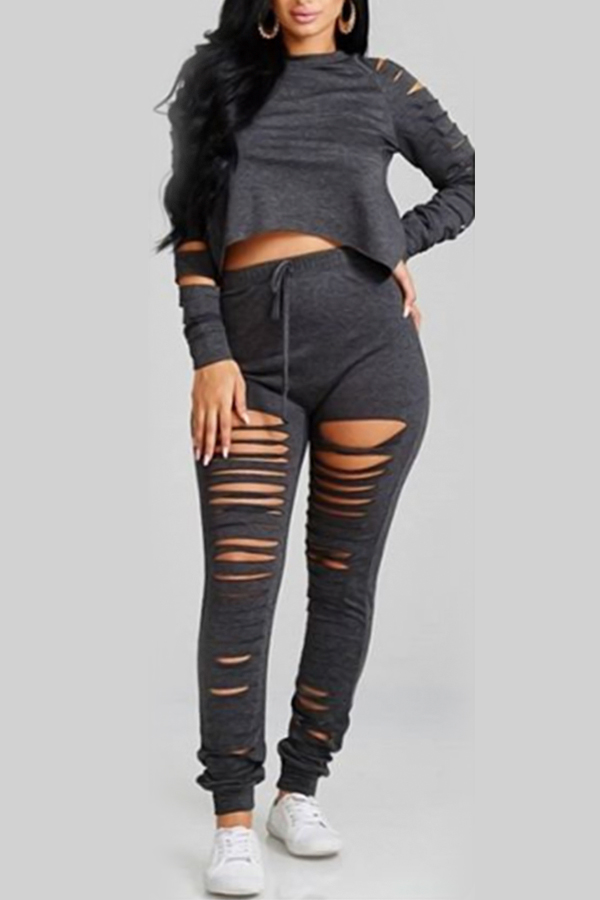  Sexy Hollow-out Grey Polyester Two-piece Pants Set